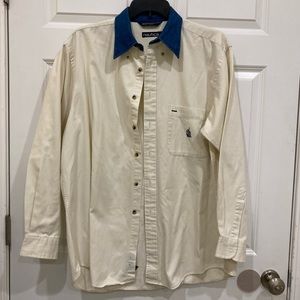Vintage L Nautica large cream & denim blue collar long sleeve button-down - EUC
